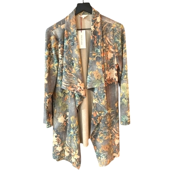Anthropologie Solitaire Faux Suede Floral Open Front Jacket Women's Size Large - Picture 1 of 8